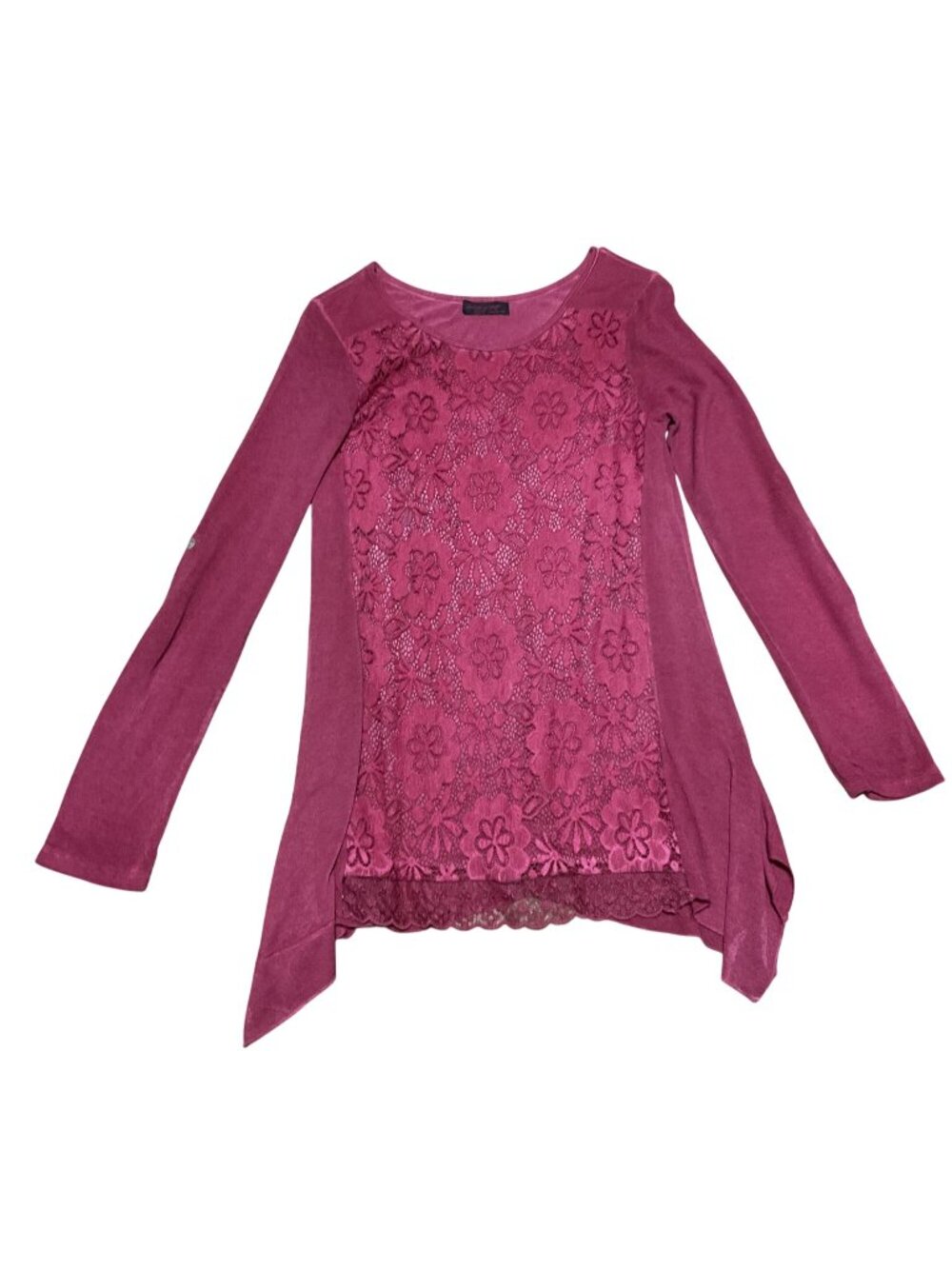 Seduzione Pink Lace Front Tunic Top Sz M Roll Tab Long Sleeve Made In Italy